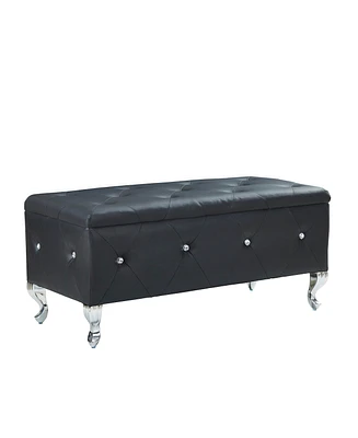 Simplie Fun Black Faux Leather Storage Ottoman Bench with Crystal Buttons