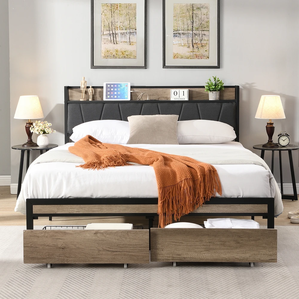 Streamdale Furniture Modern Metal Platform Bed Frame with Storage and Usb