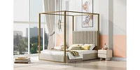 Queen Size Upholstery Canopy Platform Bed With Headboard And Metal Frame, Beige