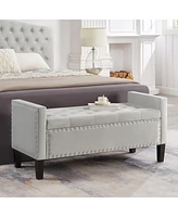 Gray Upholstered Storage Bench with Armrest