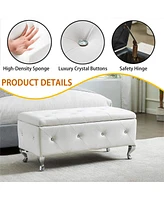 White Faux Leather Ottoman with Crystal Buttons