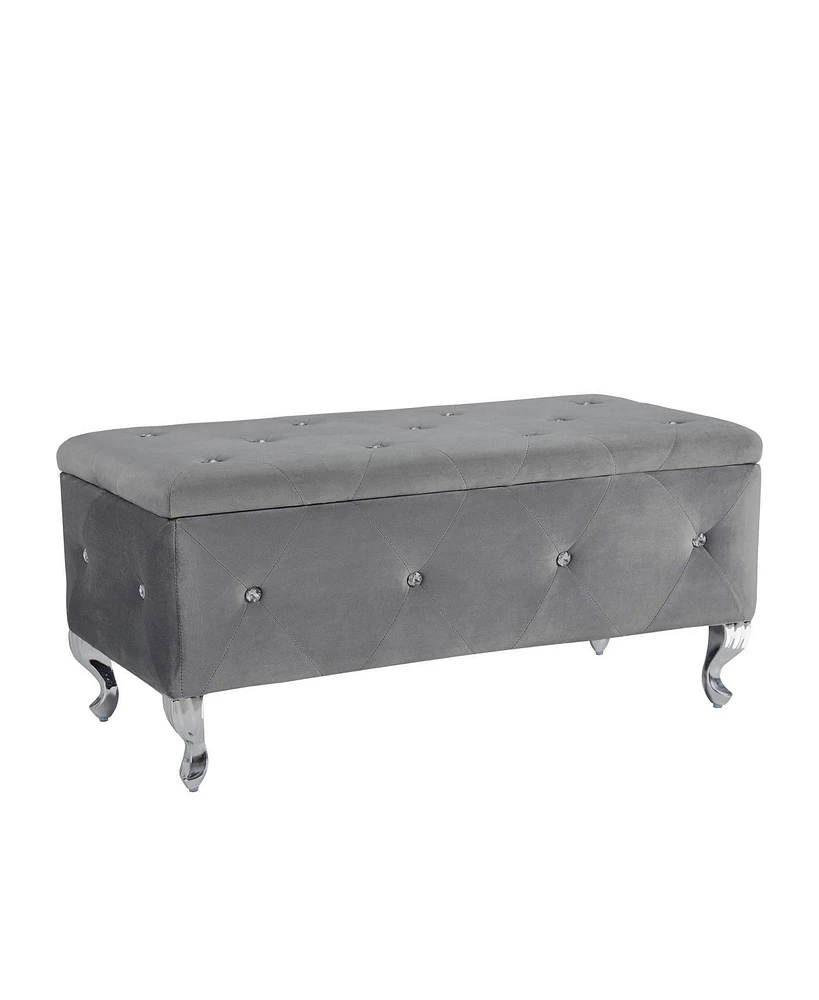 Streamdale Furniture Grey Tufted Storage Ottoman Bench With Crystal Buttons