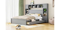 Queen Wooden Bed With All-In-One Cabinet, Shelf And Sockets