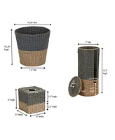 Household Essentials 3-Piece Set Wicker Bathroom Accessories Features Toilet Tissue Stand Wastebasket and Tissue Box Cover