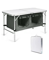 Gymax Folding Camping Table Aluminum Height Adjustable with Storage Organizer Grey
