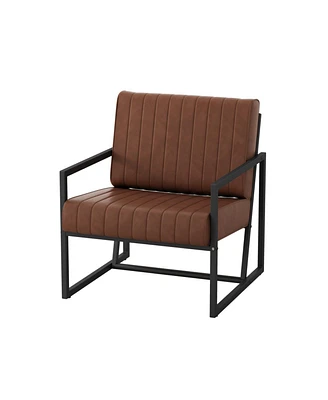 Simplie Fun Brown Pu Leather Armchair, Extra-Thick Padded, Metal Frame