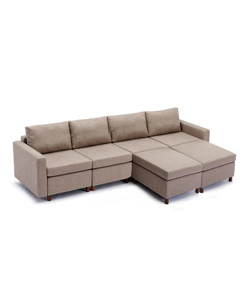 Simplie Fun 4-Piece Sectional Sofa Set with Ottomans, Brown