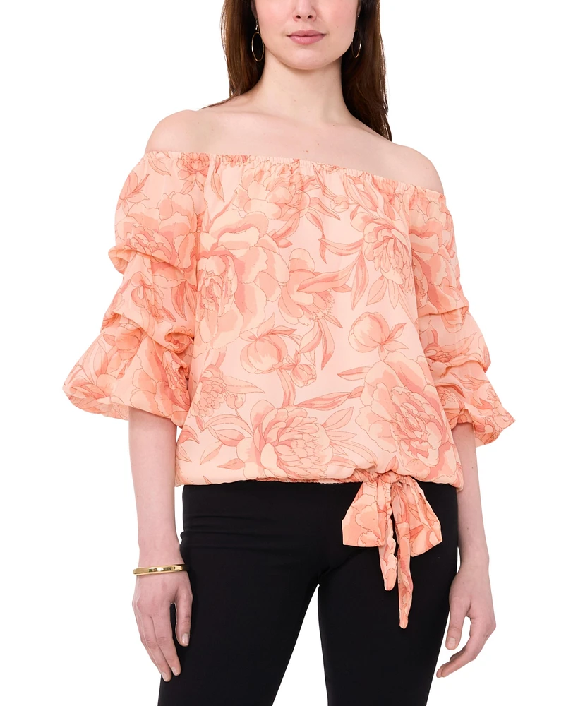 Vince Camuto Women's Floral Off The Shoulder Bubble Sleeve Tie Front Blouse