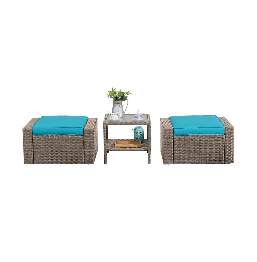 Simplie Fun Outdoor Rattan Ottoman Set with Coffee Table&Cushions