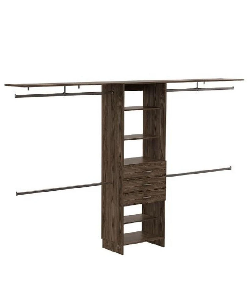 Streamdale Furniture 69" W - 118" W Drawers Closet System, Five Shelves, Four Hanging Rods, Three Drawers - Dark Walnut