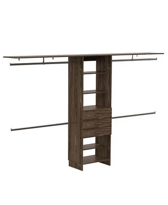 Simplie Fun 69" W - 118" W Drawers Closet System, Five Shelves, Four Hanging Rods, Three Drawers - Dark Walnut