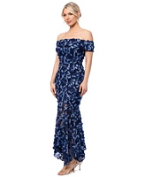 Xscape 3D-Floral Off-The-Shoulder Gown