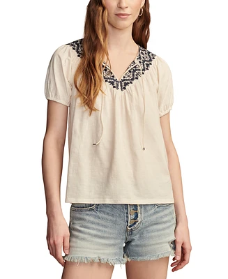 Lucky Brand Women's Embroidered Tie-Neck Peasant Top