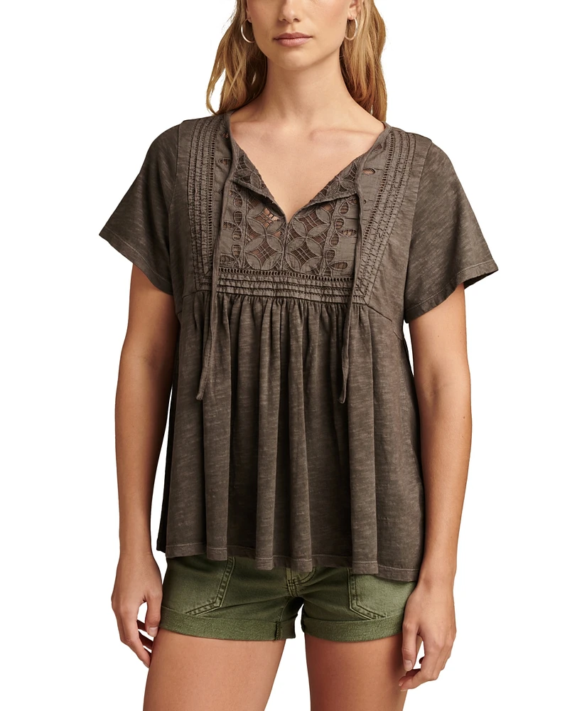 Lucky Brand Women's Cotton Embroidered Babydoll Tie-Neck Top