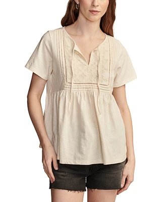 Lucky Brand Women's Cotton Embroidered Babydoll Tie-Neck Top