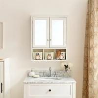 White Wood Wall Cabinet with Mirrored Doors & Storage Baskets