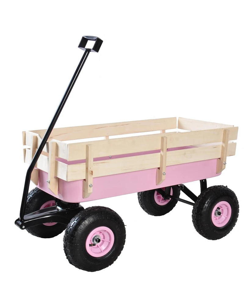 Simplie Fun Outdoor Wagon All Terrain Pulling with Wood Railing Air Tires Children Kid Garden