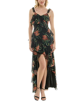 Taylor Women's Floral Print Ruffled High-Low Chiffon Gown