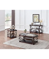 End Table, Glass Table Top, Mdf with Marble Paper Middle Shelf, Powder Coat Finish Metal Legs