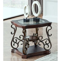 Simplie Fun End Table, Glass Table Top, Mdf with Marble Paper Middle Shelf, Powder Coat Finish Metal Legs