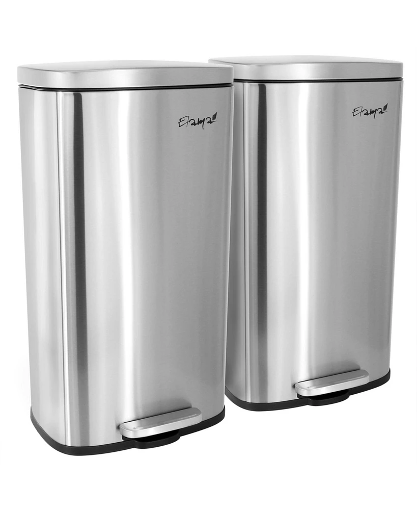 Elama 2 piece 8 Gallon Each 30 Liter Rectangular Stainless Steel Twin Step Trash Bins with Slow Close Mechanism in Matte Silver