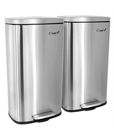 Elama 2 piece 8 Gallon Each 30 Liter Rectangular Stainless Steel Twin Step Trash Bins with Slow Close Mechanism in Matte Silver