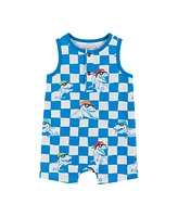 Andy & Evan Baby Boys Blue Check Dino Print Knit Tank Romper w/Bib