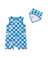 Andy & Evan Baby Boys Blue Check Dino Print Knit Tank Romper w/Bib