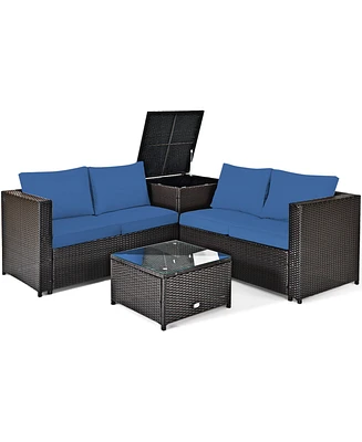 Gymax 4PCS Cushioned Rattan Patio Conversation Set w/ Side Table Navy Cushion