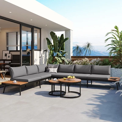 6-Piece Outdoor Sectional Sofa Set with Round Coffee Tables and Cushioned Seating