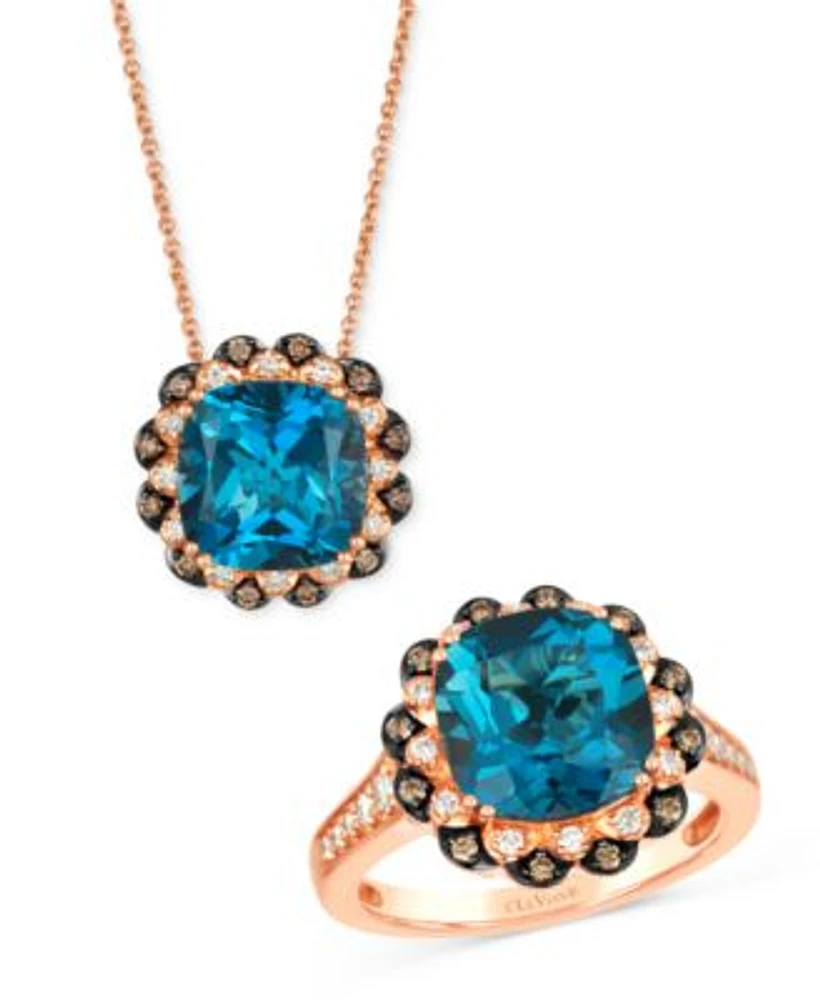 Le Vian Deep Sea Blue Topaz Diamond Double Halo Pendant Ring Collection Set In 14k Rose Gold