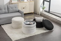 Boucle Fabric Storage Round Ottoman Footstool With Wooden Shelving, Ivory