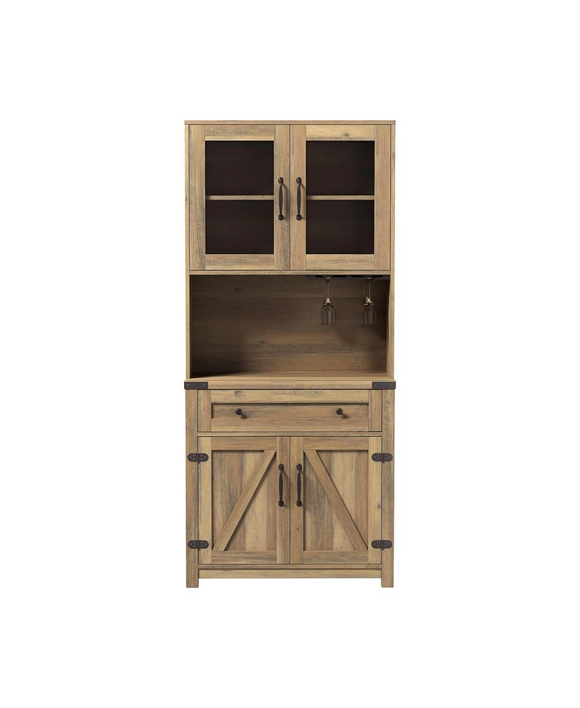 Simplie Fun Modern Farmhouse Double Barn Door Accent Bar Cabinet With Goblet Holder, Walnut