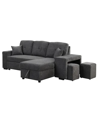 Simplie Fun Sectional Sofa Bed with Storage Chaise and 2 Stools