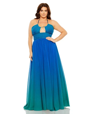 Mac Duggal Women's Plus Halter Ruched Ombre Gown