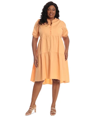 London Times Plus Size Ruffle-Neck Tiered High-Low Dress