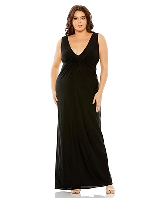 Mac Duggal Women's Plus Jersey V-Neck Cutout Gown