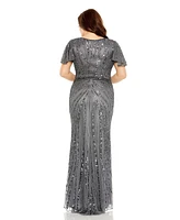 Mac Duggal Women's Flutter Sleeve Embellished Gown