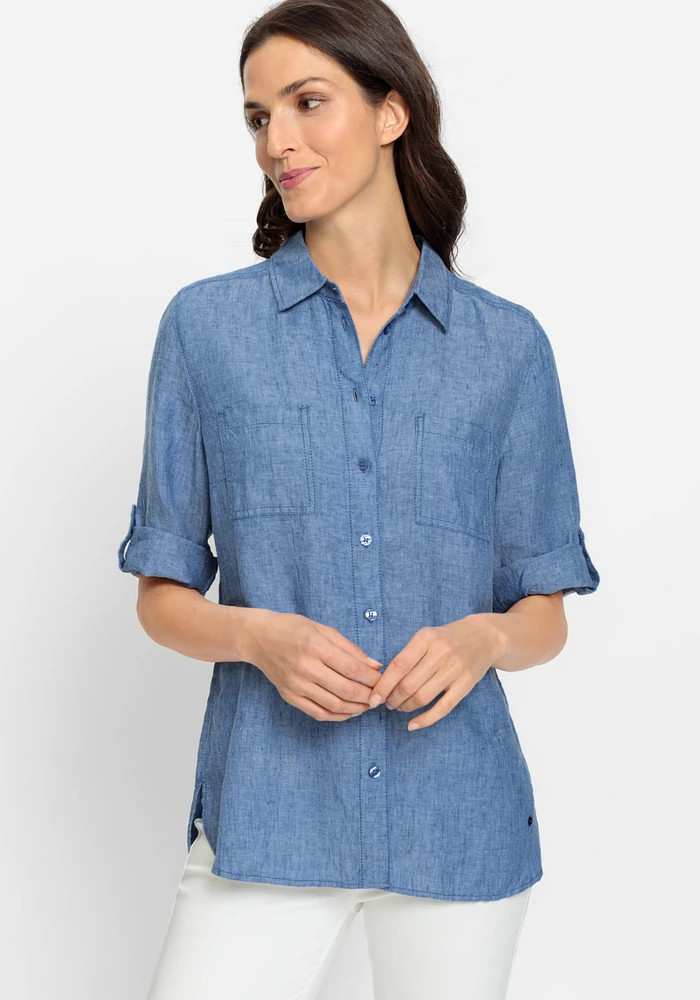 Olsen Women's Cotton Linen Shirt with Rolled Sleeve Tab Detail