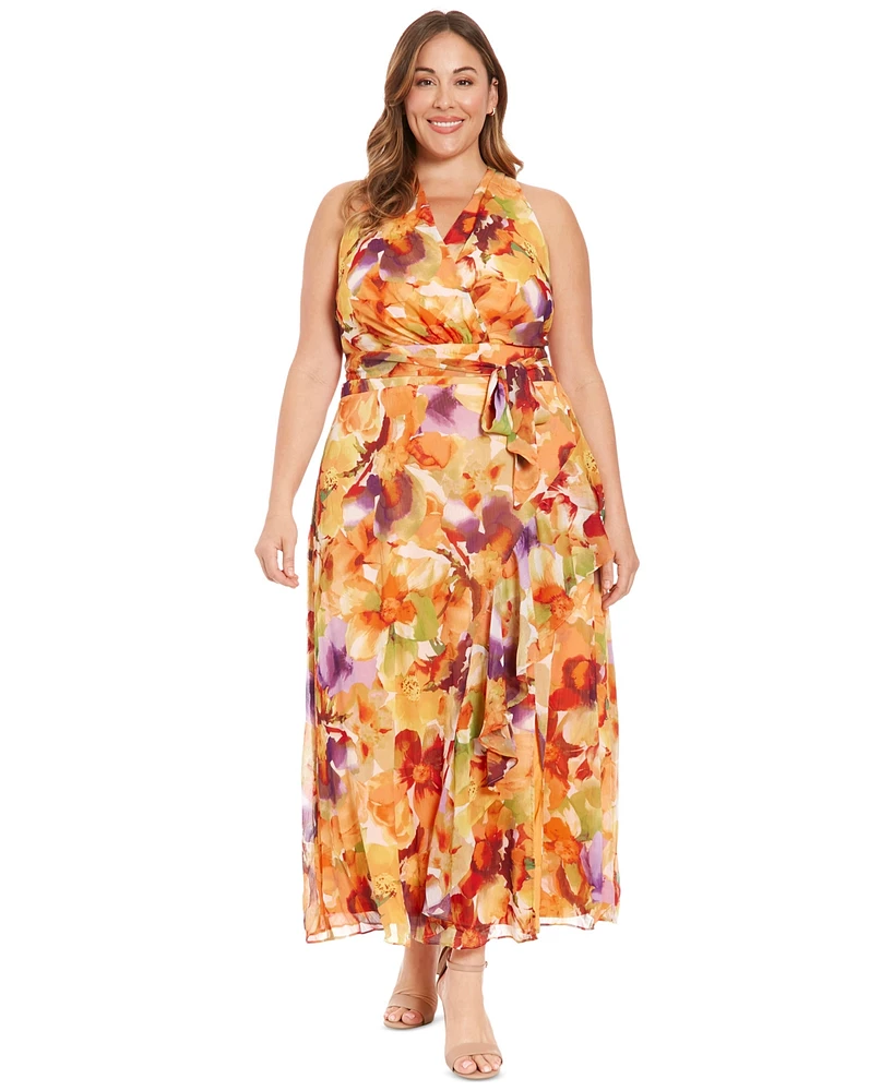 London Times Plus Floral-Print Chiffon Maxi Dress