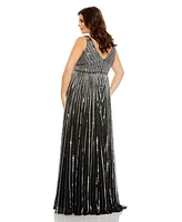 Mac Duggal Women's Plus Sequined Striped Sleeveless V Neck A Line Gown