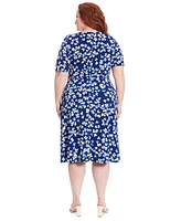 London Times Plus Size Printed Jersey A-Line Midi Dress