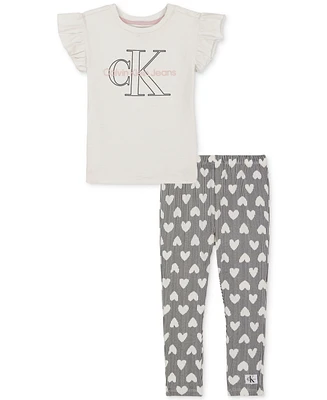 Calvin Klein Toddler Girls Jersey Flutter-Sleeve Logo Top & Heart-Print Leggings, 2 Piece Set