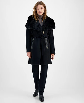 Via Spiga Women's Belted Faux-Fur-Collar Coat