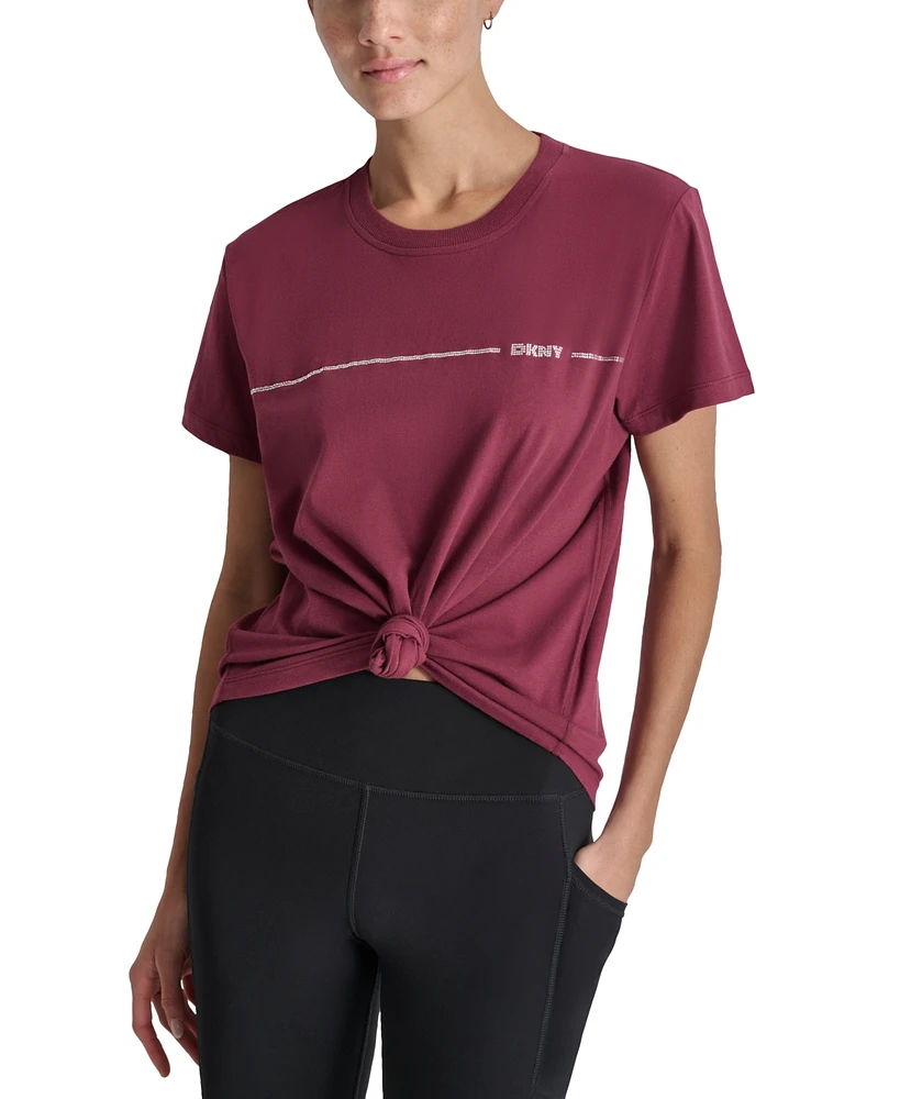 Dkny Sport Women's Cotton Rhinestone-Logo Knot-Front T-Shirt