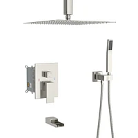 16" Rain Shower Head Systems With Waterfall Tub Spout, Brushed Nickel, Ceiling Mounted Shower