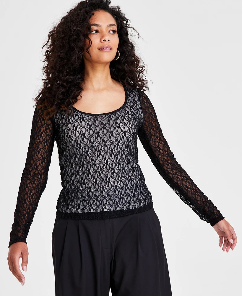 Bar Iii Petite Long-Sleeve Mesh Lace Top, Created for Macy's