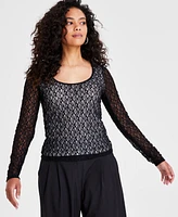 Bar Iii Petite Long-Sleeve Mesh Lace Top, Created for Macy's