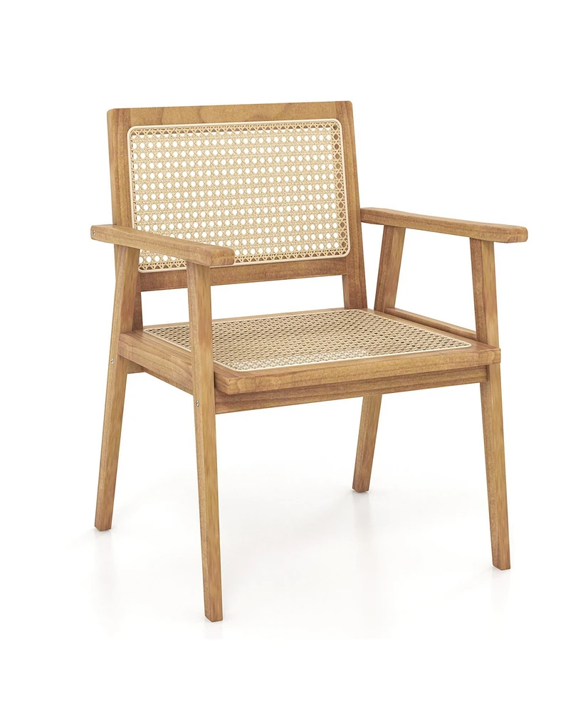 Costway 2 Pcs Outdoor Wood Chair Teak Armchair with Rattan Seat & Back Patio for Porch