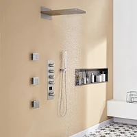 Mondawe Temperature Digital Display 3 Functions 4 Sprays 22 Inch Wall Mounted Thermostatic Shower System with Body Jets and Rough-in Valve Chrome